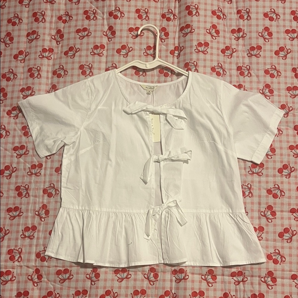 White Short Sleeve Blouse with Bow Details